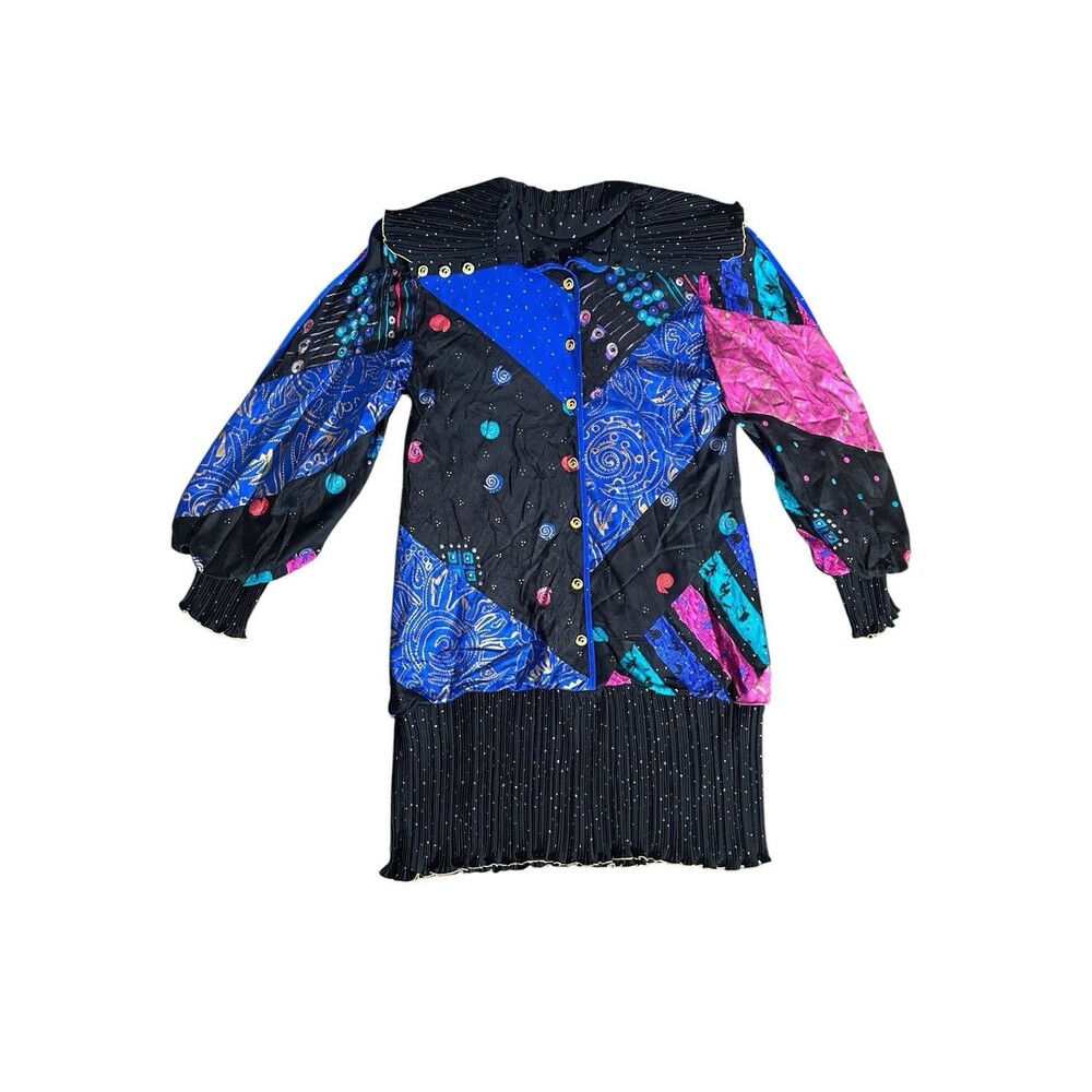 Vtg Jeanne Marc L 16/18 Dress Multicolor Abstract Art Rare Button Closure Ruffle